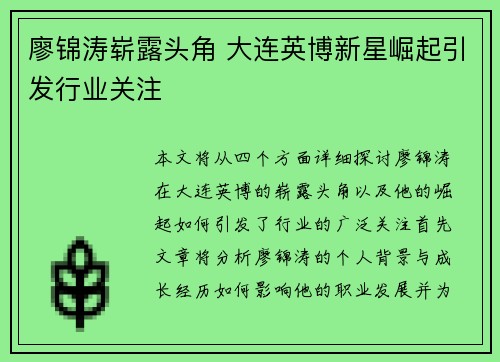 廖锦涛崭露头角 大连英博新星崛起引发行业关注 廖锦涛崭露头角 大连英博新星崛起引发行业关注